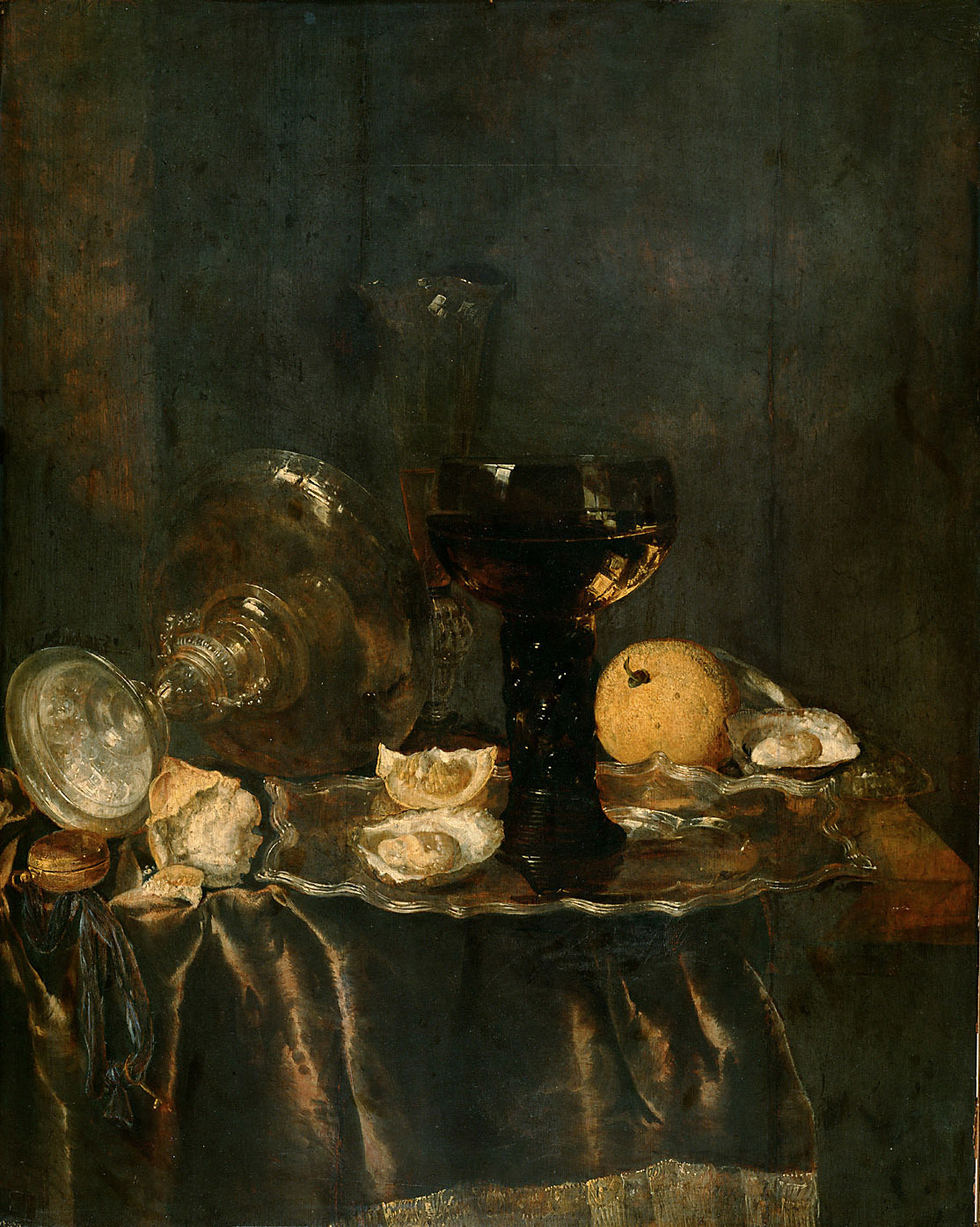 Abraham van Beijeren, Stilleven met oesters, glazen en omgevallen zilveren