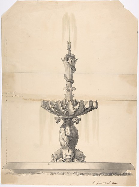 Anonymous, British, 19th century, Design for a Fountain with a Shell Basin Supported by Three Dolphins and Surmounted by a Snake Spouting Water