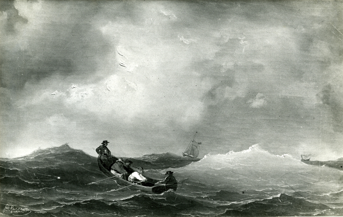 Okänd fotograf, Lotsbåt i storm. Oljemålning 1850. Storlek 44 x 70 cm.