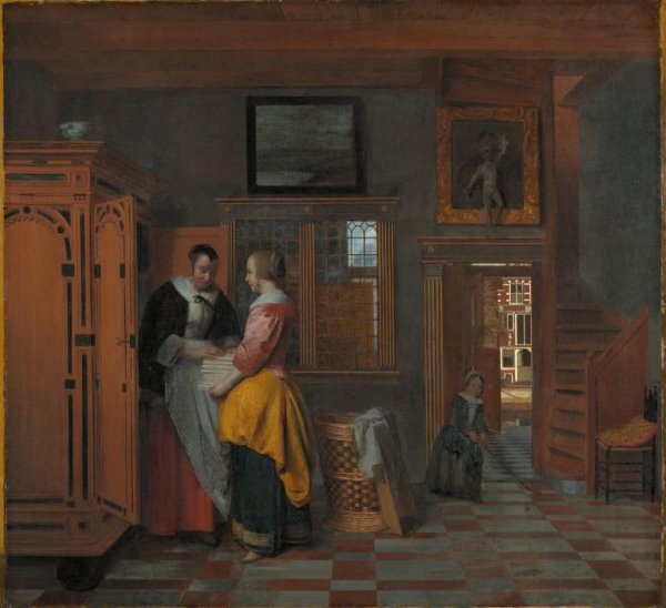 Pieter de Hooch, Binnenhuis met vrouwen bij een linnenkast