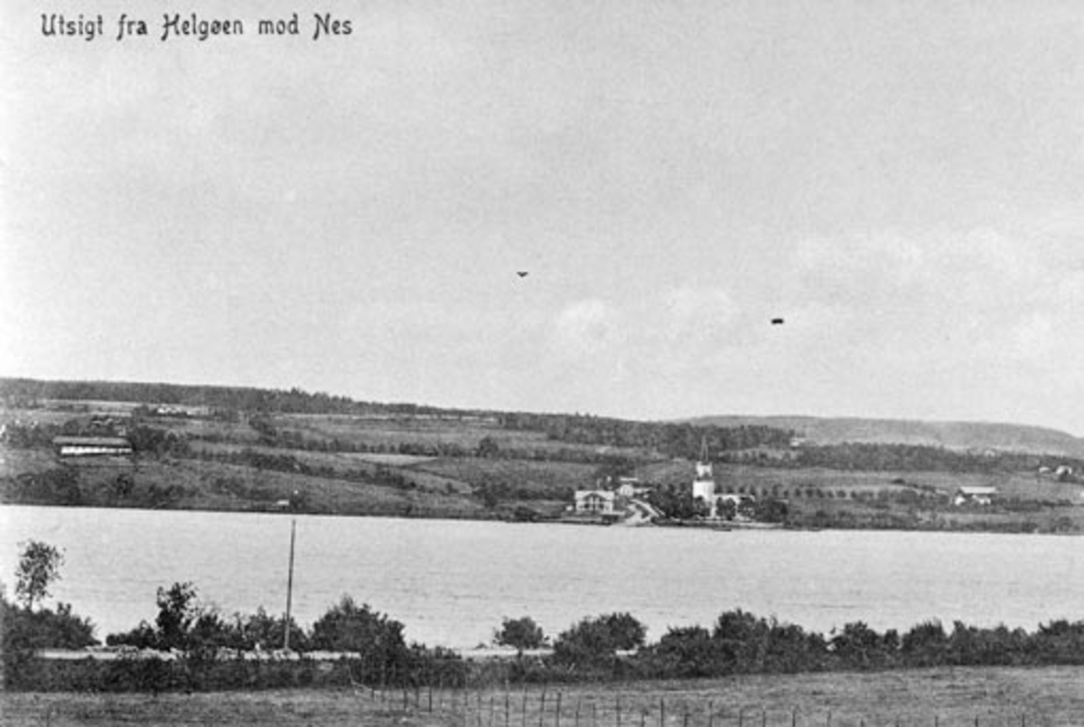 Anno Domkirkeodden, Utsikt fra Helgøya mot Tingnes, Nes. Nes Kirke. Mjøsa. Postkort.