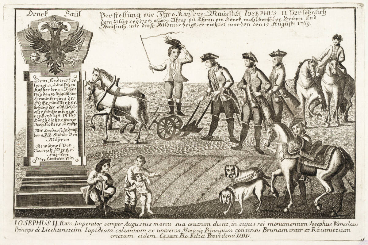 Anonym, Kaiser Joseph II. führt persönlich den Pflug auf einem Ackerfeld in Slawikowitz (Slavíkovice) bei Rausnitz (Rousínov) am 19. August 1769
