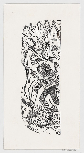José Guadalupe Posada, A skeleton running with a crowbar in his hand, from a broadside entitled ' Calavera llorando el hueso'