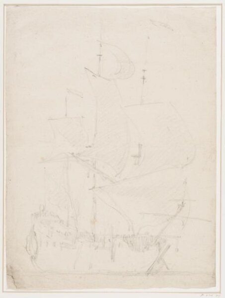 willem van de velde the younger, A ship sailing before the wind; bow view, starboard side