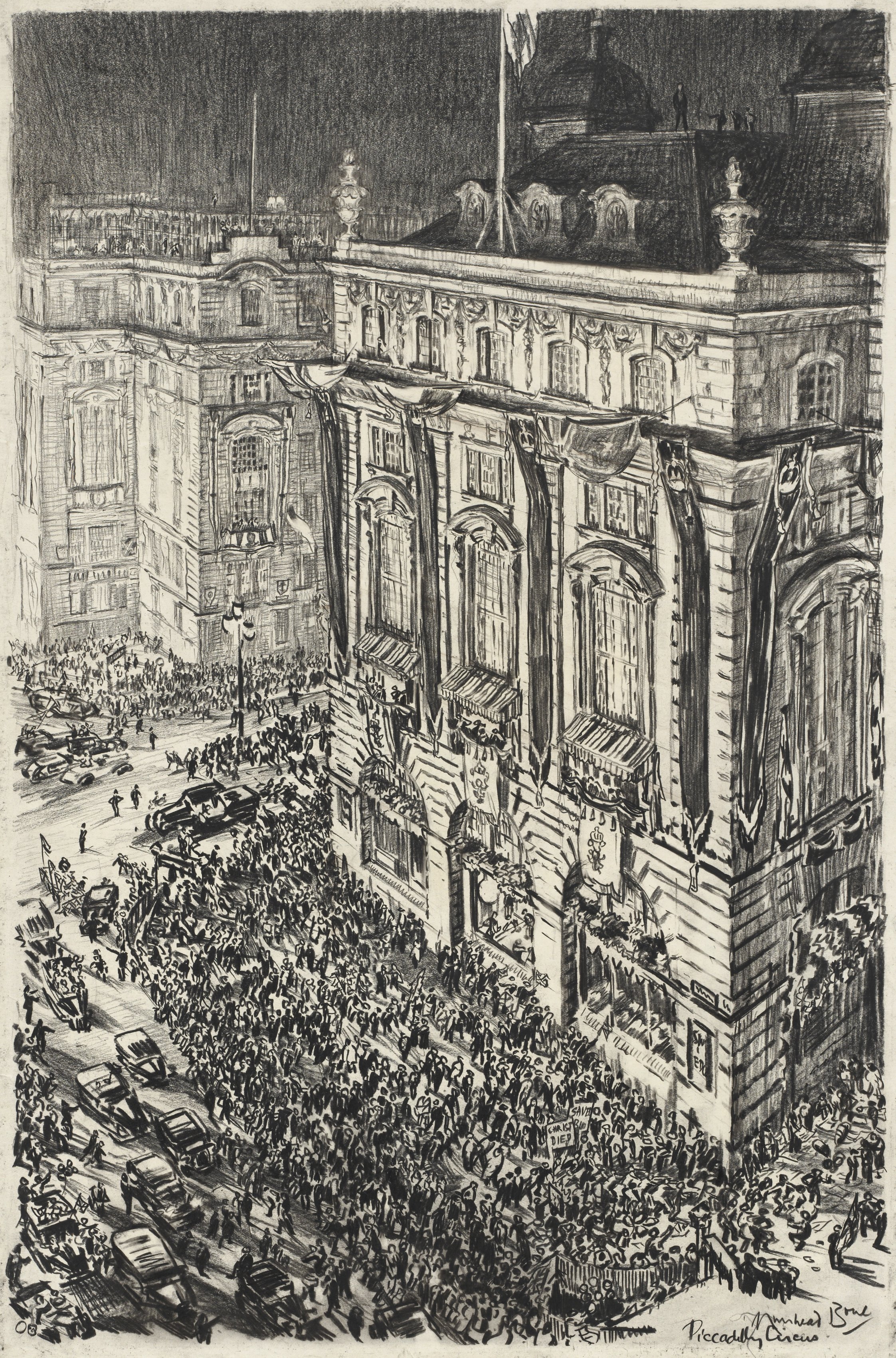 Muirhead Bone, Piccadilly Circus, Eve of the Coronation of George VI