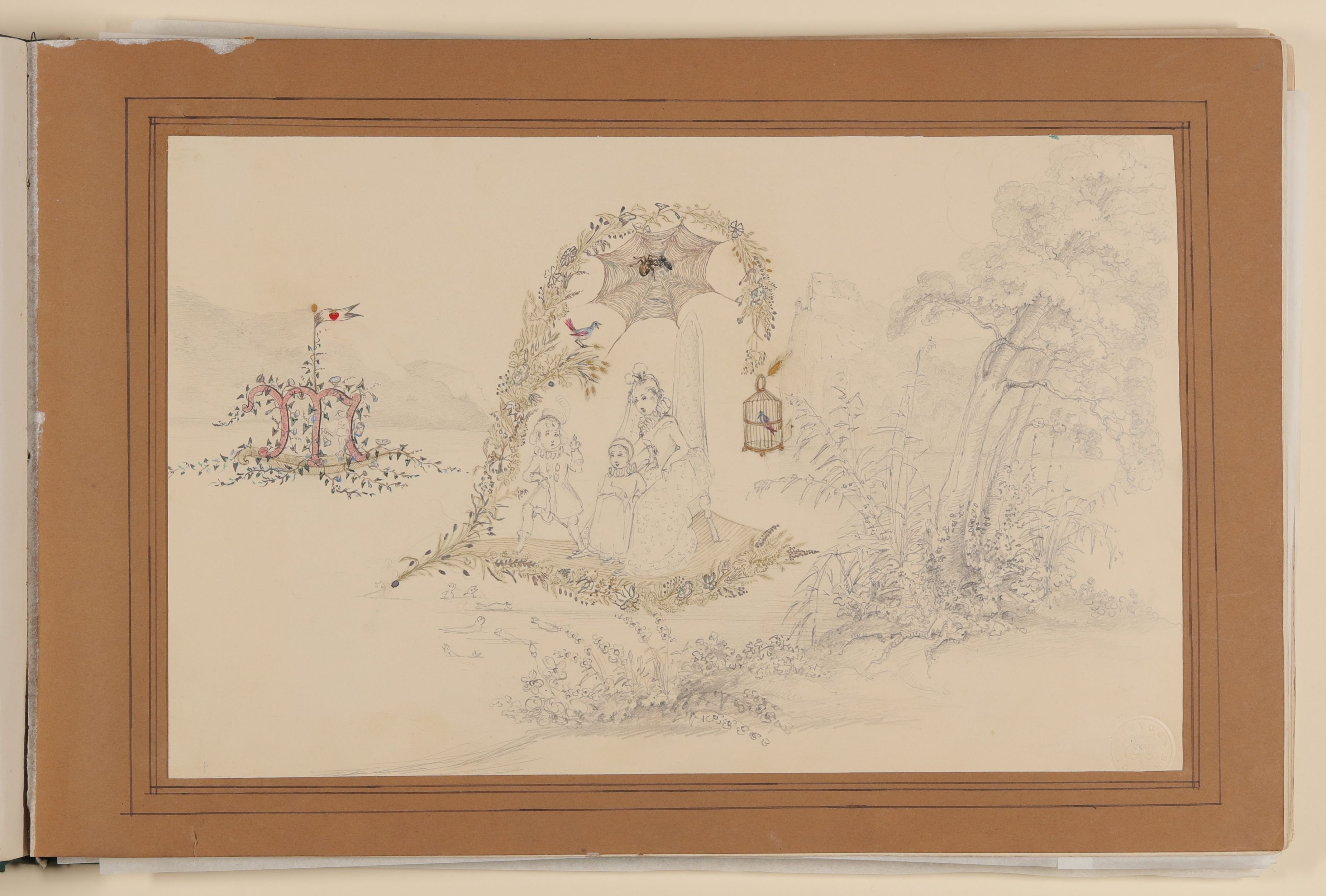 Armgart von Arnim, Ornamental ausgeschmückte Landschaft mit den Initialen "M" und "L" [aus einem Album aus dem Besitz der Bettine-Töchter]
