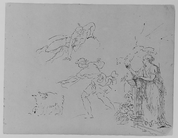 Thomas Sully, Male [Breaking Fall]; Male Gesturing Toward Dog; Female on Step Leaning Against Column by Foliage (from Sketchbook)