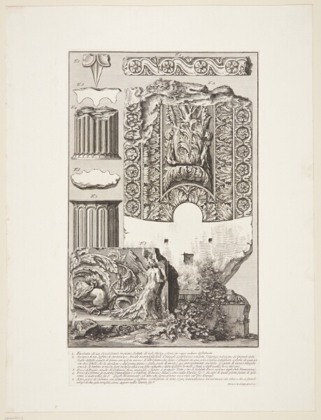 Giovanni Battista Piranesi, Frise, dele af søjler og andre ornamenterede arkitekturfragmenter, fra Orti Farnesiani mm.
