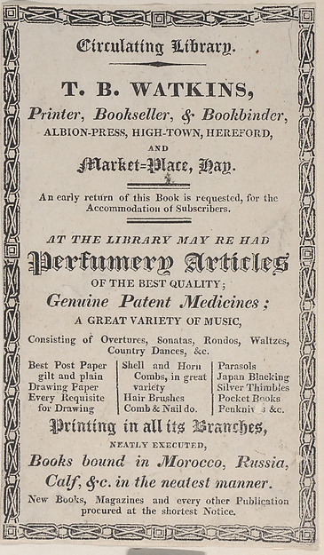 Anonymous, British, 19th century, Trade Card for T. B. Watkins, Printer, Bookseller, & Bookbinder