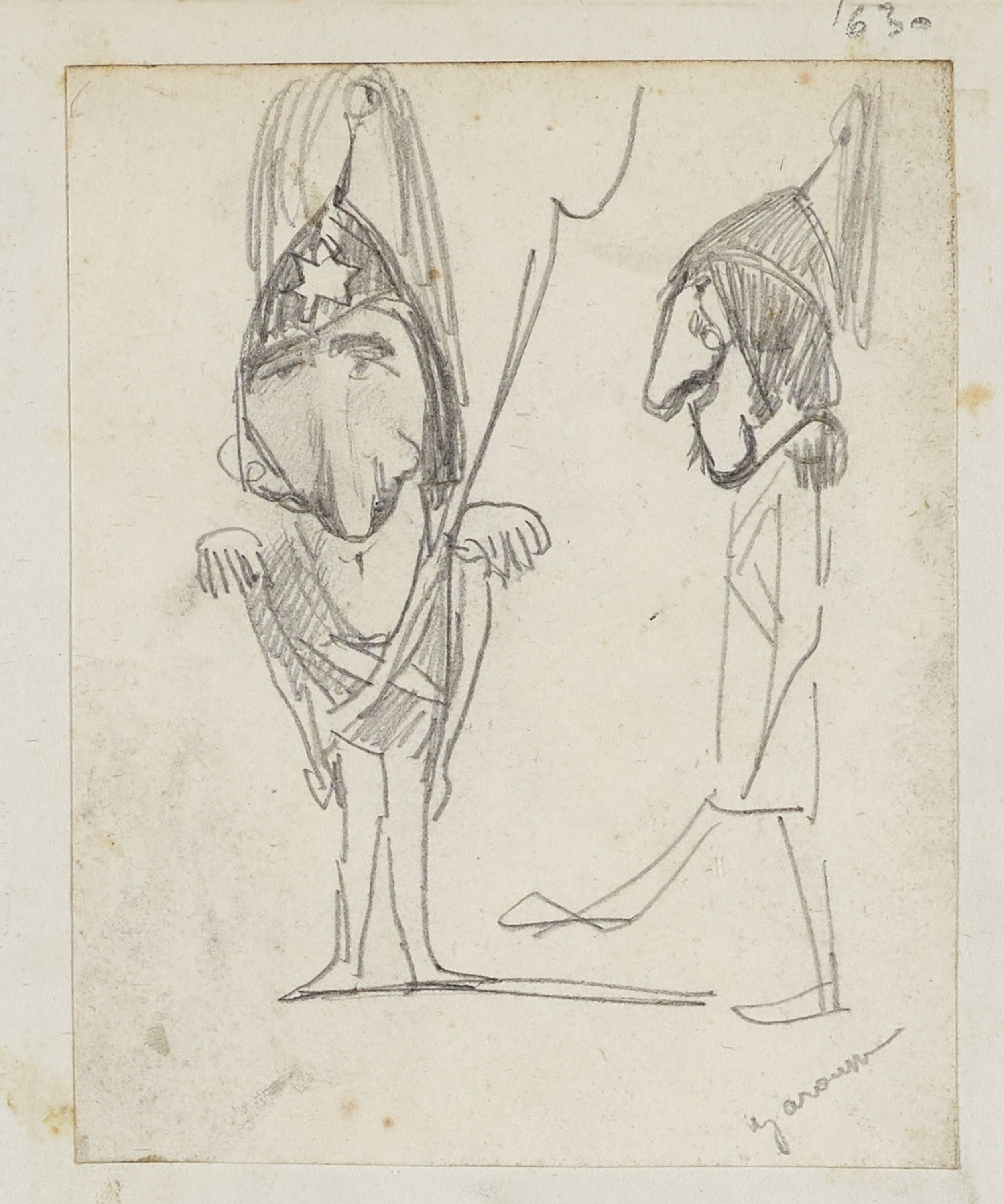 Anonyme, Portrait-charge d'un homme déguisé en militaire de face et de profil (Jarousse)