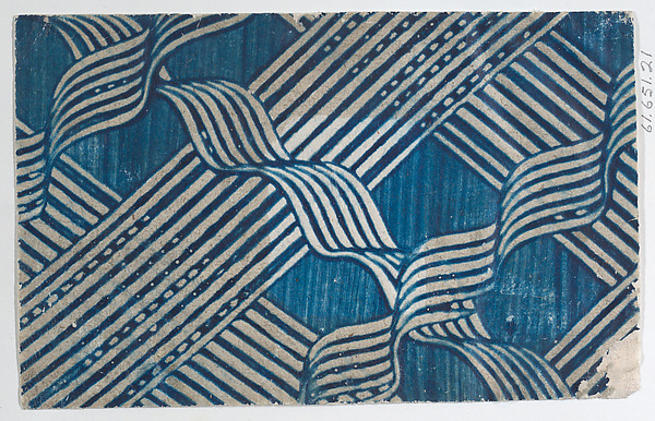 Anonymous, Blue paste paper with stripe and ribbon pattern