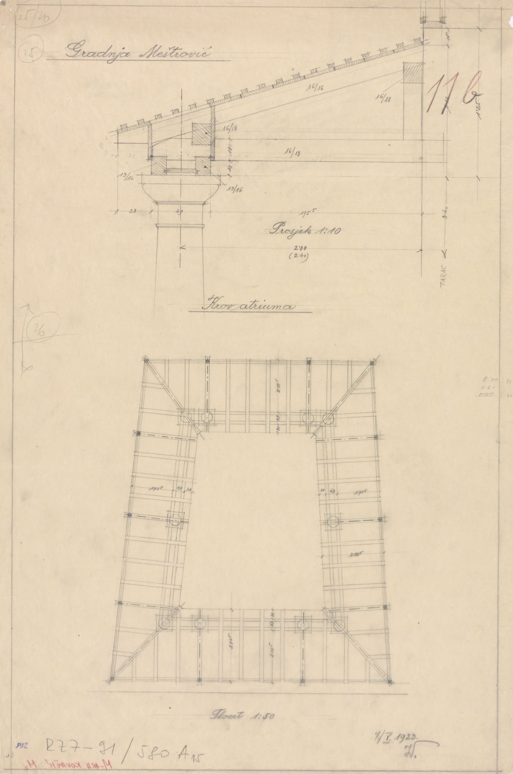 Viktor Kovačić, Meštrovićev atelijer (Ivan Meštrović), tlocrt/detalj stupa s krovištem/atrij