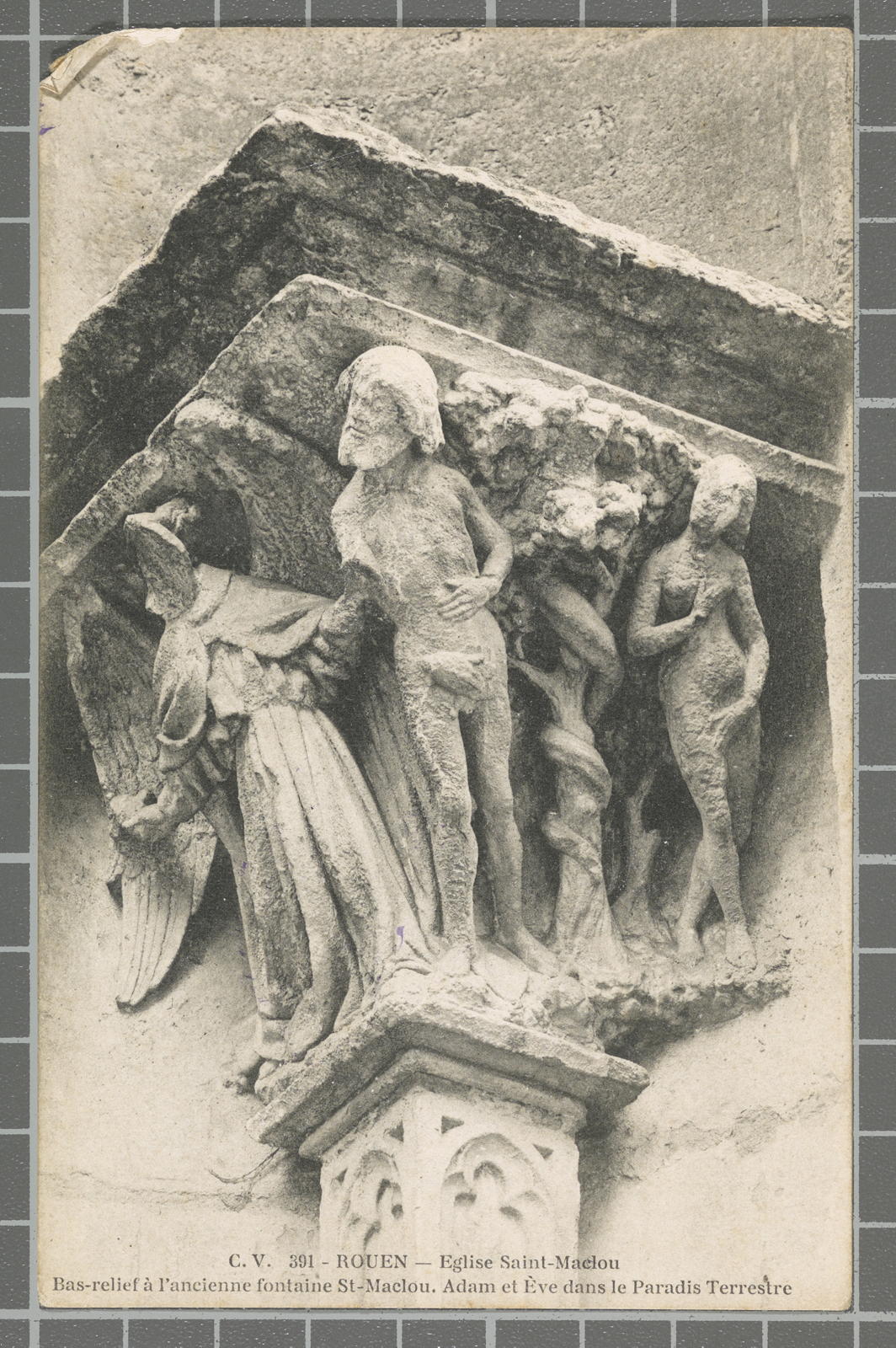 Desconegut, 391 - Rouen - Eglise Saint-Maclou. Bas-relief à l'ancienne fontaine St-Maclou. Adam et Ève dans le Paradis Terrestre