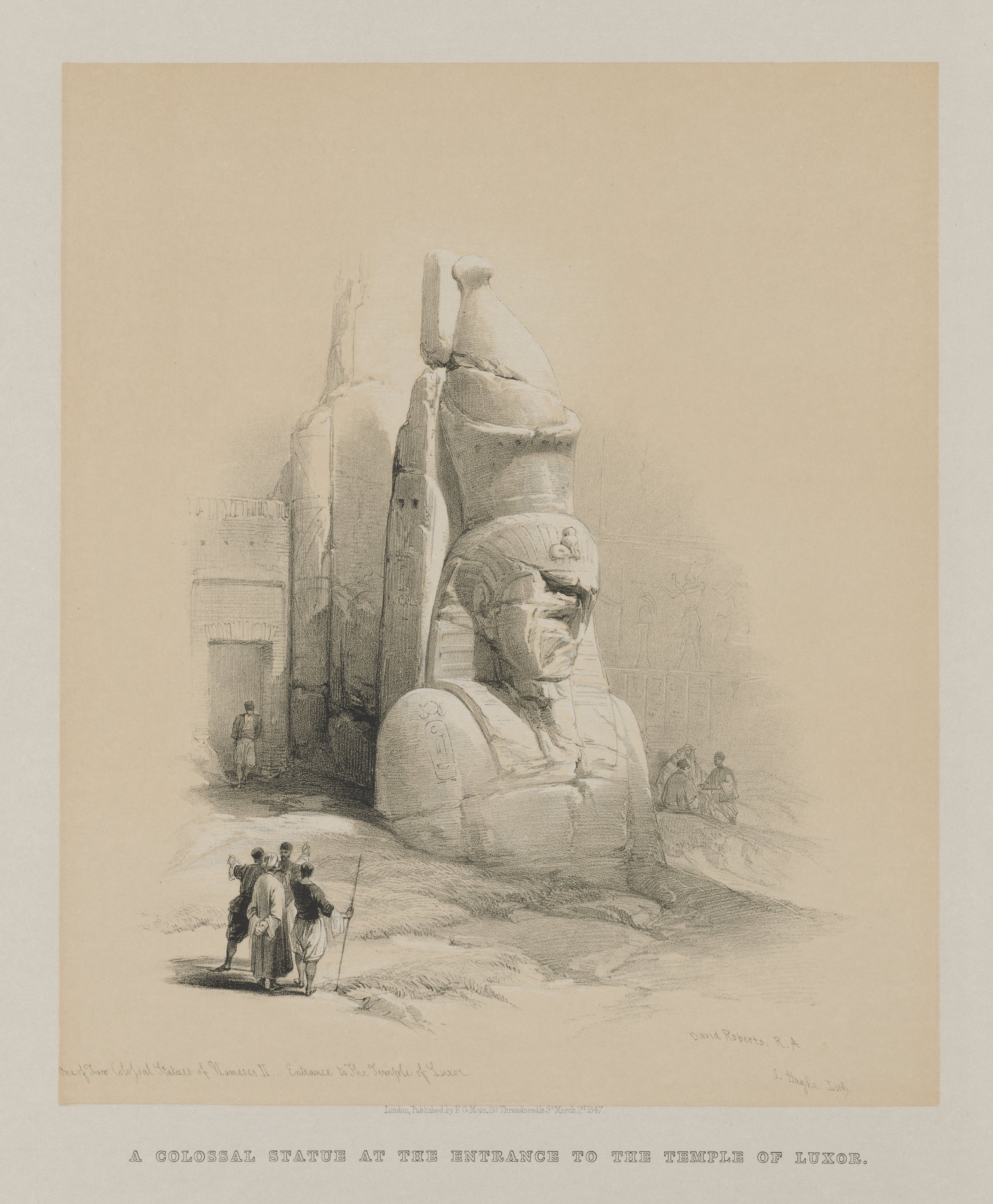 Louis Haghe, Egypt and Nubia, Volume I: One of Two Colossal Statues of Rameses II.  Entrance to the Temple of Luxor