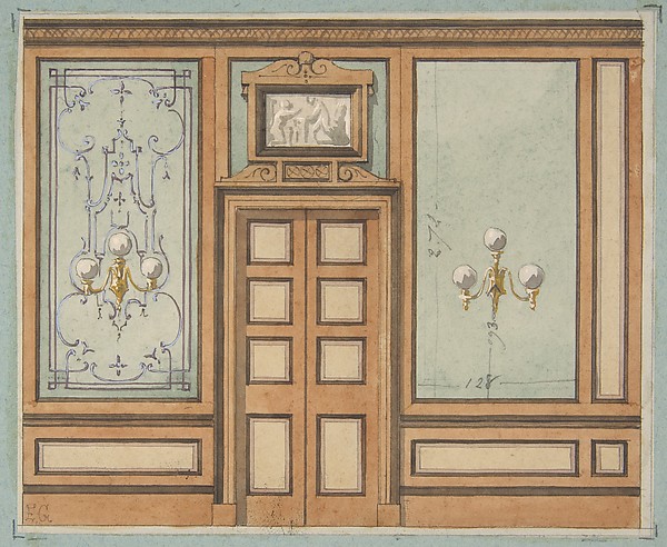 Jules-Edmond-Charles Lachaise, Elevation of a paneled interior with double doors and gaslight sconces