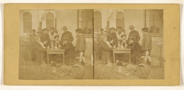 Unknown, [Two men playing cards at a table, decanters on top, several men standing over them observing]