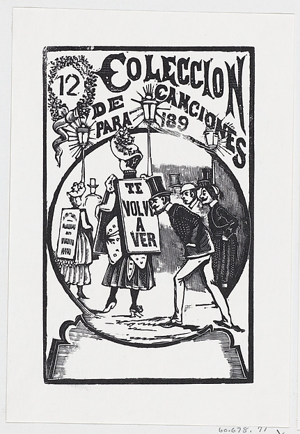 José Guadalupe Posada, A man bending down to look at a woman with a sign on her back, illustration for 'El Abanico (The Admirer)'