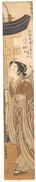 Isoda Koryūsai, A Woman Carrying a Child on Her Back near the Entrance to a Temple