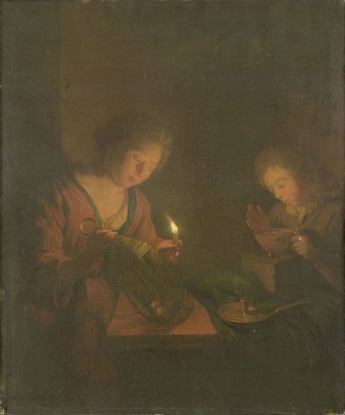 Godfried Schalcken, Fire and Light (A Girl Places a Candle in a Lantern and a Boy Blows on the Coals in a Chafing-Dish)