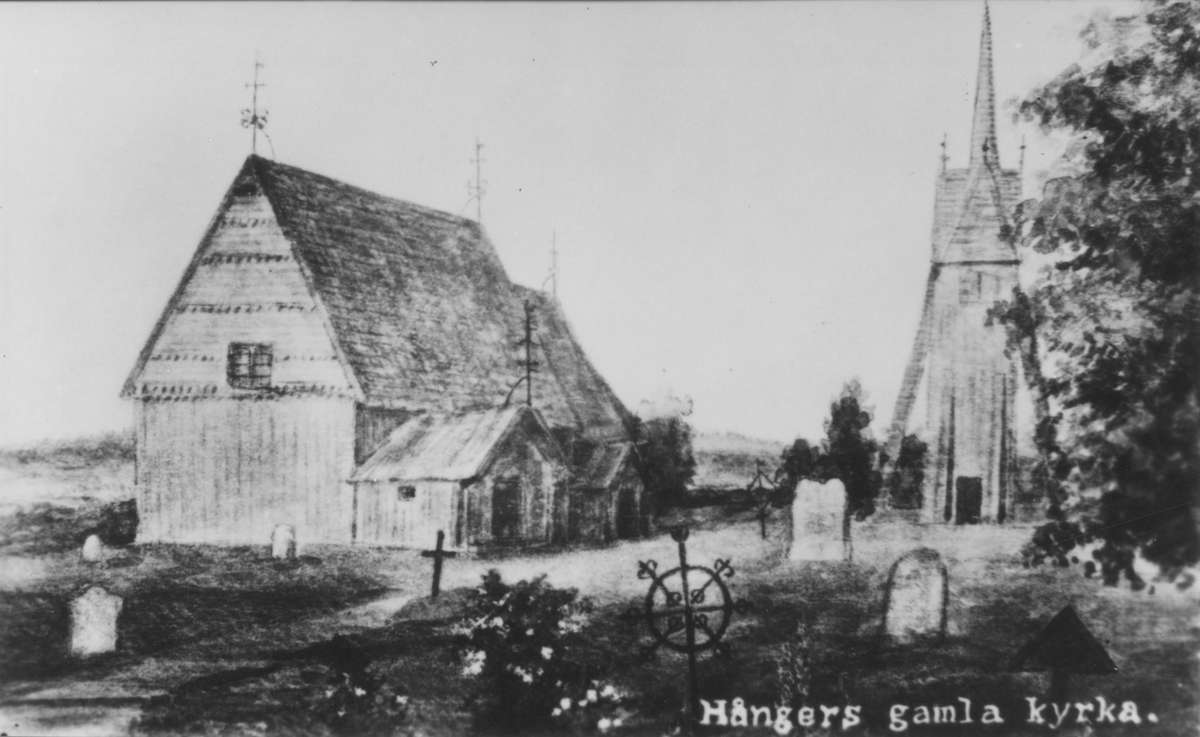 Egil Lönnberg Jönköpings läns museum, Hångers gamla kyrka och klockstapel. Avfotograferad teckning från 1870-talet.