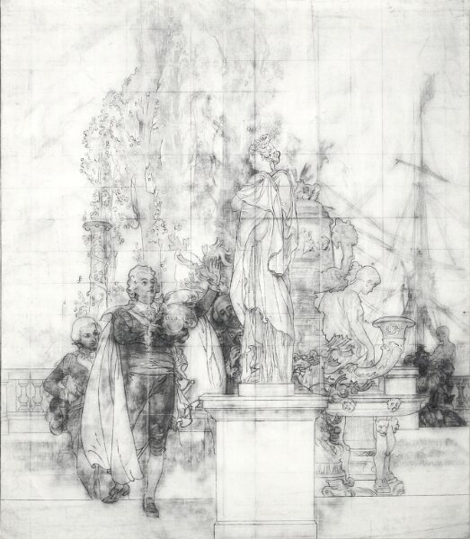 Carl Larsson, Kartong till fresk i NM:s nedre trapphall. Konsternas beskyddare och museets grundare: Gustav IIImottager antika konstverk