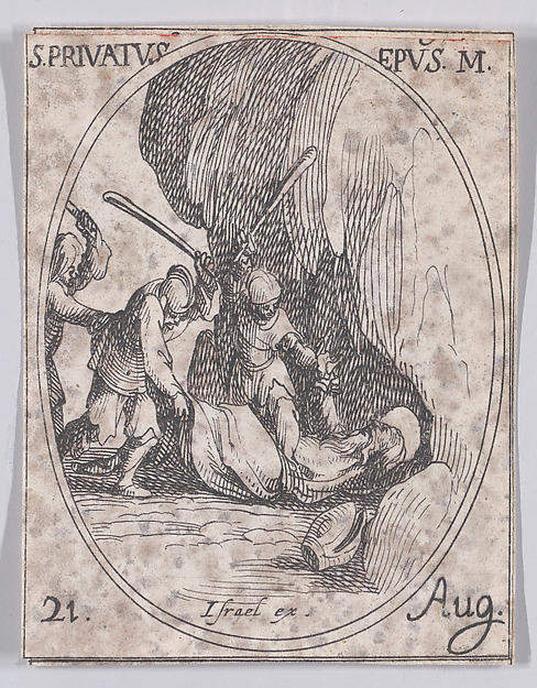 Jacques Callot, S. Privat, évêque (St. Privatus, Bishop), August 21st, from "Les Images De Tous Les Saincts et Saintes de L'Année" (Images of All of the Saints and Religious Events of the Year)