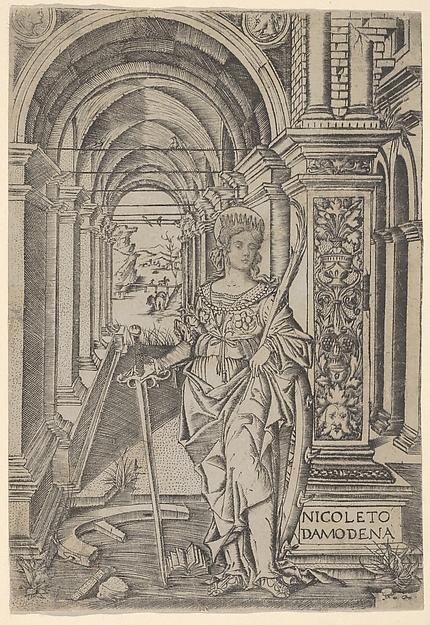 Nicoletto da Modena, Saint Catherine, sword in her right hand, palm in her left
