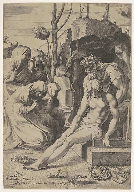 Enea Vico, Entombment of Christ, whose chest is grasped by Joseph of Arimathea, with two kneeling and two standing female mourners at left and crown of thorns at bottom right