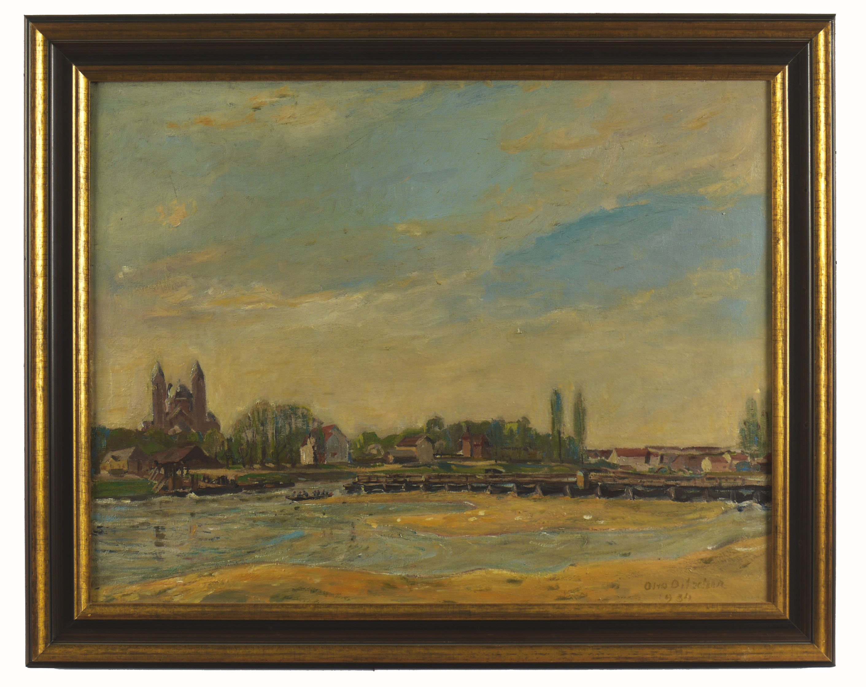 Otto Ditscher, Alte Schiffbrücke von Speyer vor der Kulisse des Domes