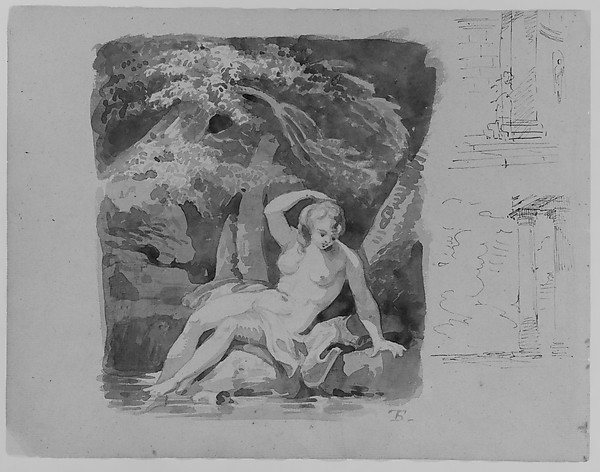 Thomas Sully, Reclining Female Nude in Landscape; Two Architectural Sketches (from Sketchbook)
