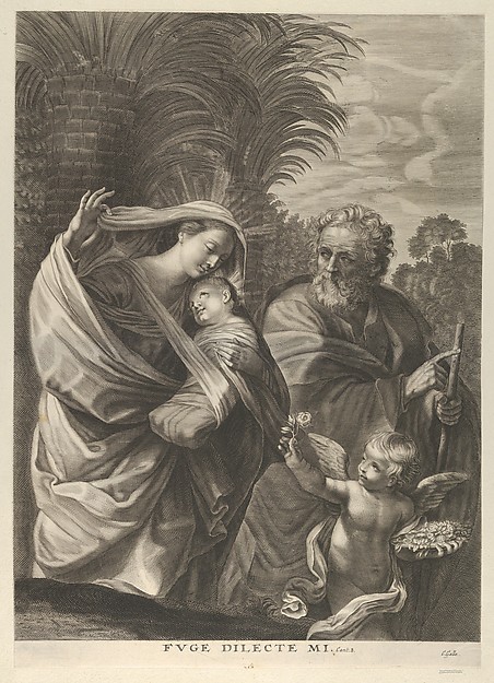 Anonymous, The Flight into Egypt; the Holy Family walking together, Saint Joseph pointing to the right and the Virgin carrying the infant Christ, an angel in front of her offering a flower, after Reni