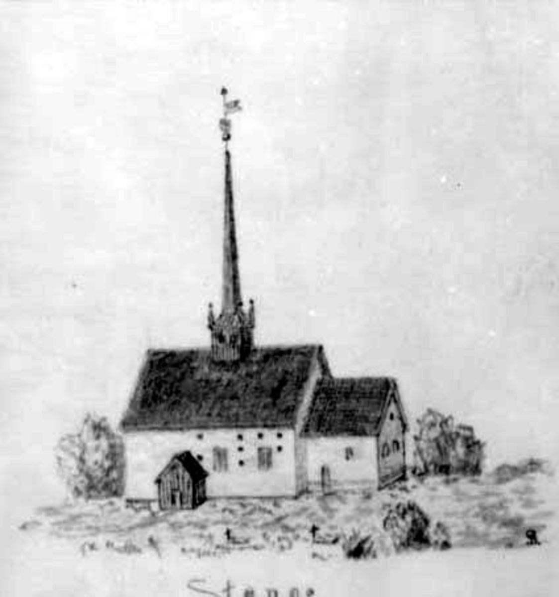 Anno Domkirkeodden, Tegning Stange kirke 1775. Gerhard Schønning.