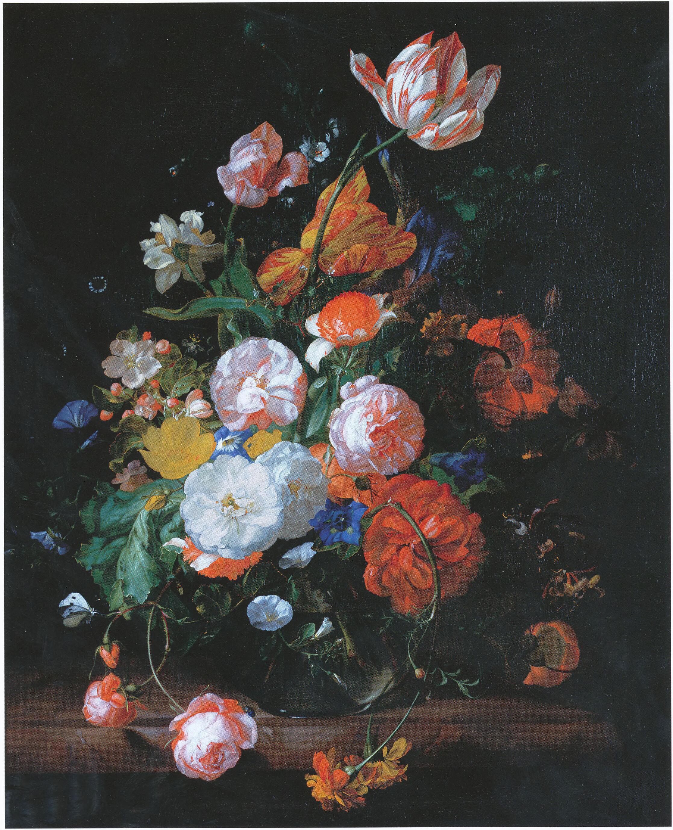 Rachel Ruysch, Roses, tulips and other flowers in a glass vase on a marble ledge