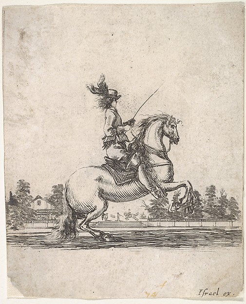 Stefano della Bella, A horseman atop a rearing horse, in profile and turned towards the right, gardens in the background, from "Various cavalry exercises" (Diverses exercices de cavalerie)