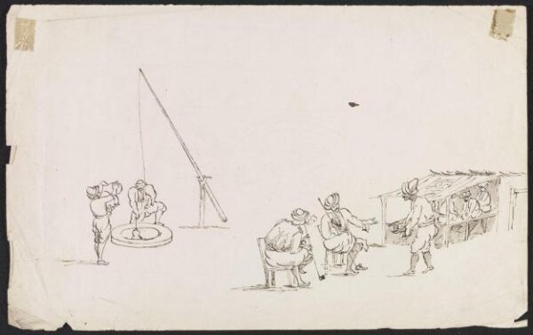 Unknown, Wayside café, with men drawing water from a well, and others seated, smoking, being served with coffee