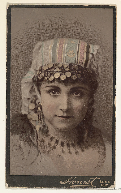 W. Duke, Sons & Co., Actress wearing ornate cloth headpiece decorated with dangling coins, from Stars of the Stage, Third Series (N131) issued by Duke Sons & Co. to promote Honest Long Cut Tobacco