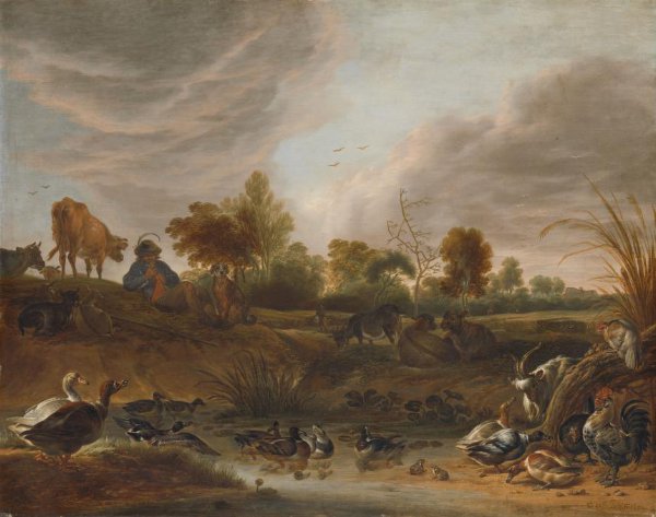 Cornelis Saftleven, Landscape with a Herdsman, Cattle and Poultry
