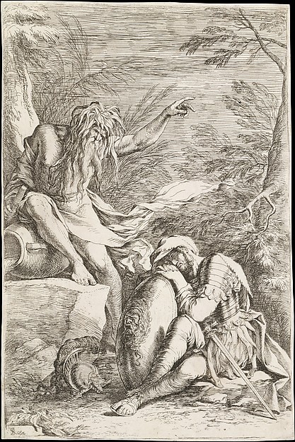 Salvator Rosa, Dream of Aeneas: Aeneas rests his head on his hands atop his shield, while the river god Tiber leans on a vessel and points upward with his left hand