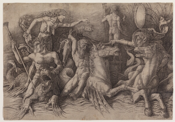 Andrea Mantegna, Havgudernes kamp, venstre halvdel