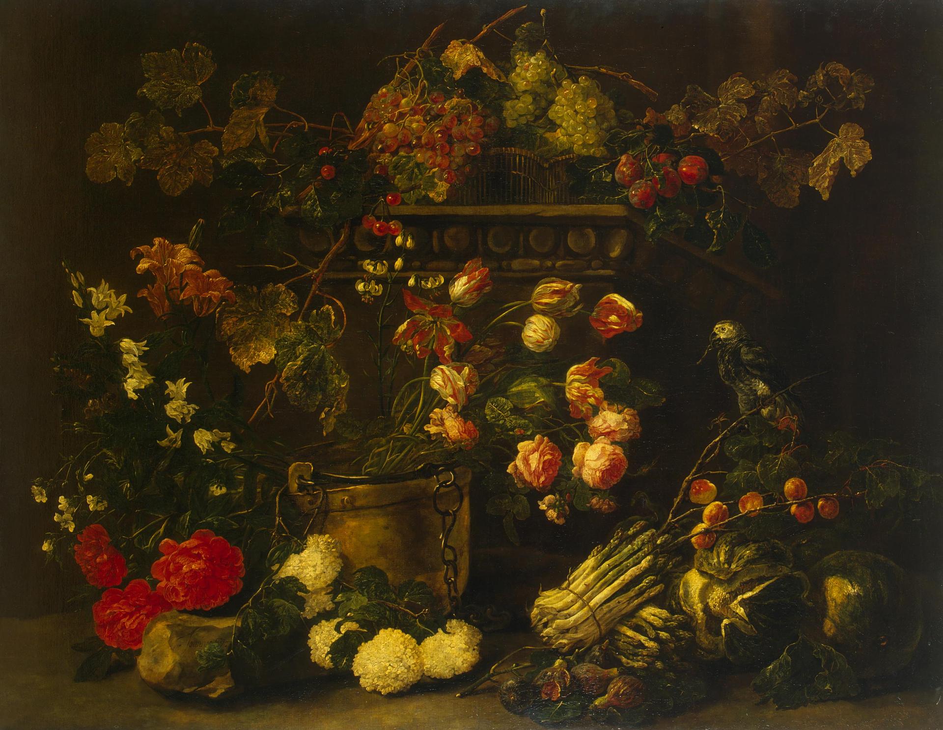Jan Fyt, Still Life with Flowers, Fruit and Parrot