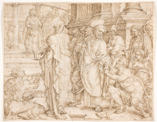 Maarten van Heemskerck, Peter, der sammen med Johannes er på vej til templet, helbreder en lam