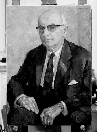 Knut Borg, Oil painting (board). Motif: male portrait. Artist: Inga Berg.