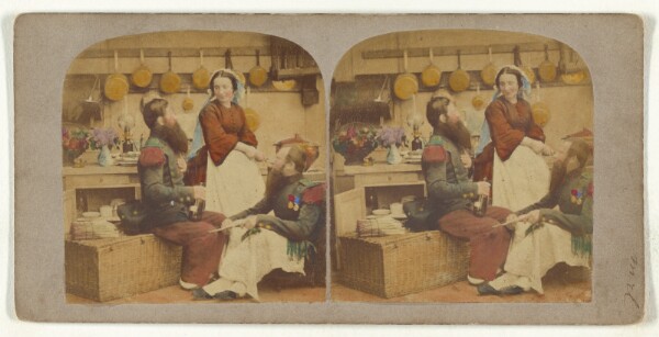 Unknown, [Two bearded men in a kitchen, with a woman who is probably the cook]