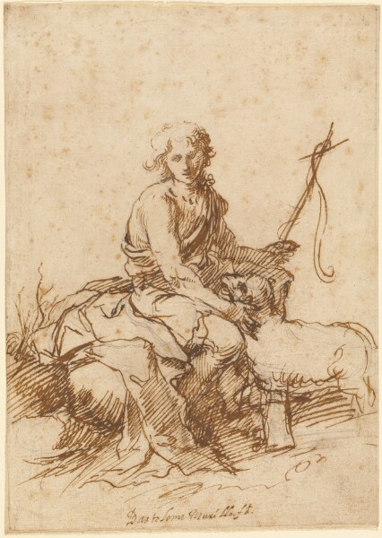 Bartolomé Esteban Murillo, The Youthful Saint John the Baptist Seated in a Landscape (recto); Unidentified Figure Composition (Dido and Aeneas?) (verso)