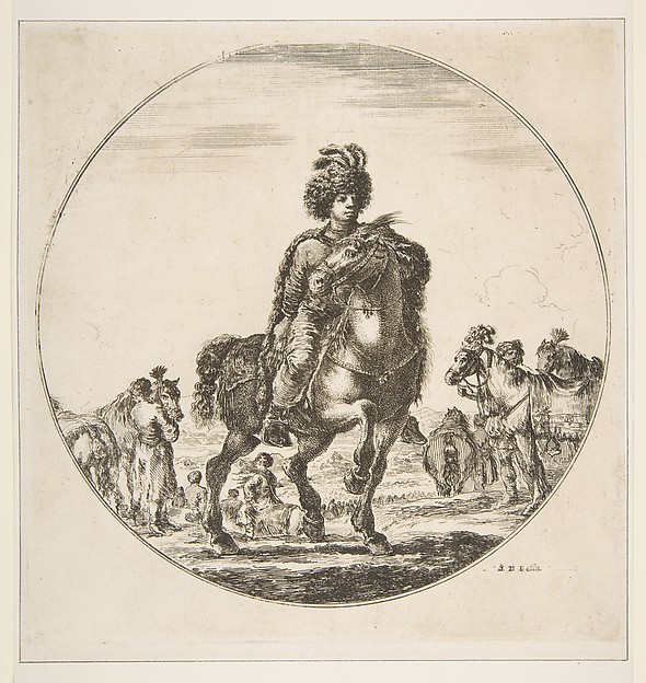 Stefano della Bella, Polish horseman facing right, a circular composition, from 'Figures on Horseback' (Cavaliers nègres, polonais et hongrois)