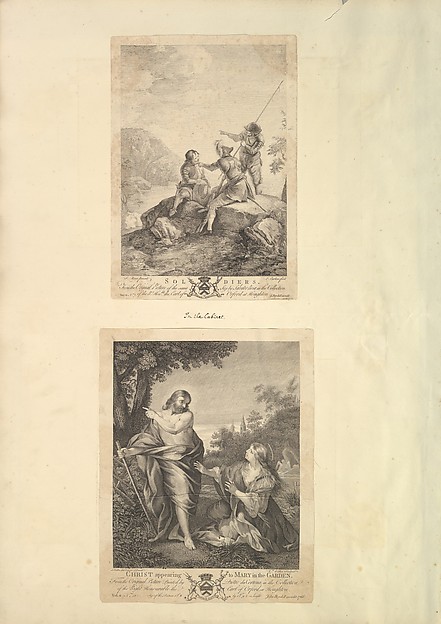 Richard Earlom, Leaf from Aedes Walpolianae mounted with two prints: (a): Three Soldiers; (b): Christ Appearing to Mary in the Garden