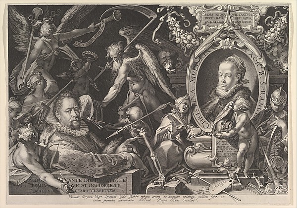 Aegidius Sadeler II, Portrait of Bartholomeus Spranger with an Allegory on the Death of his Wife, Christina Muller