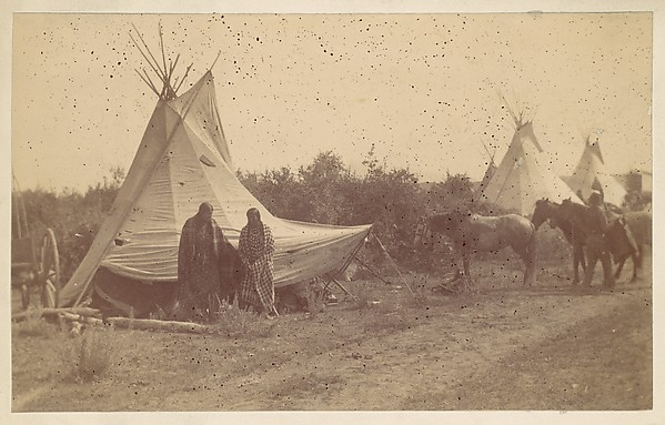 Unknown, [Native American Women and Horses by Teepee in Camp]