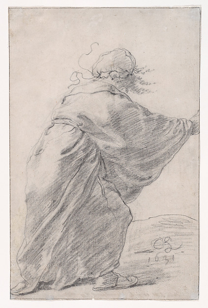 Cornelis Saftleven, A wild-haired, robed woman rushing to the right, seen from behind