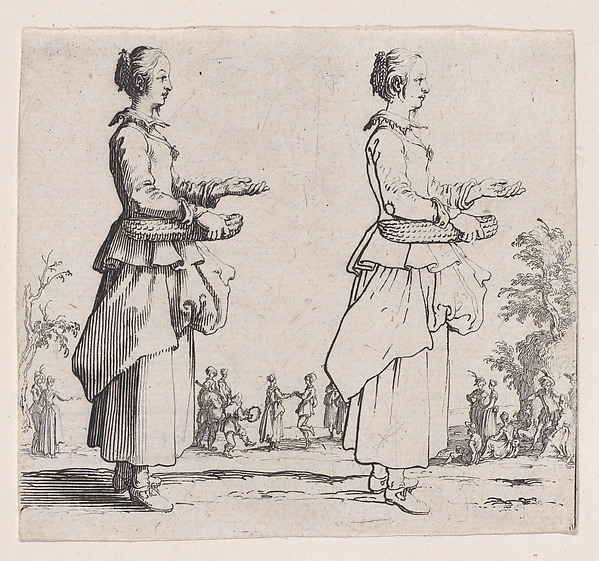 Jacques Callot, La Paysanne Tournée a Droite et Tenant un Panier (The Peasant Woman Turned to the Right and Holding a Basket), from "Varie Figure" (Various Figures)
